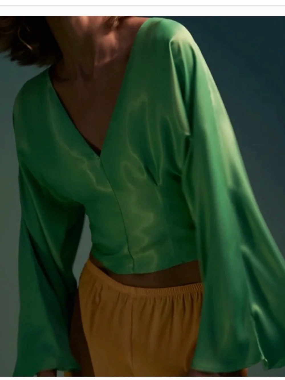 Zara Green V-Neck Satin effect  Blouse with Flared Sleeves